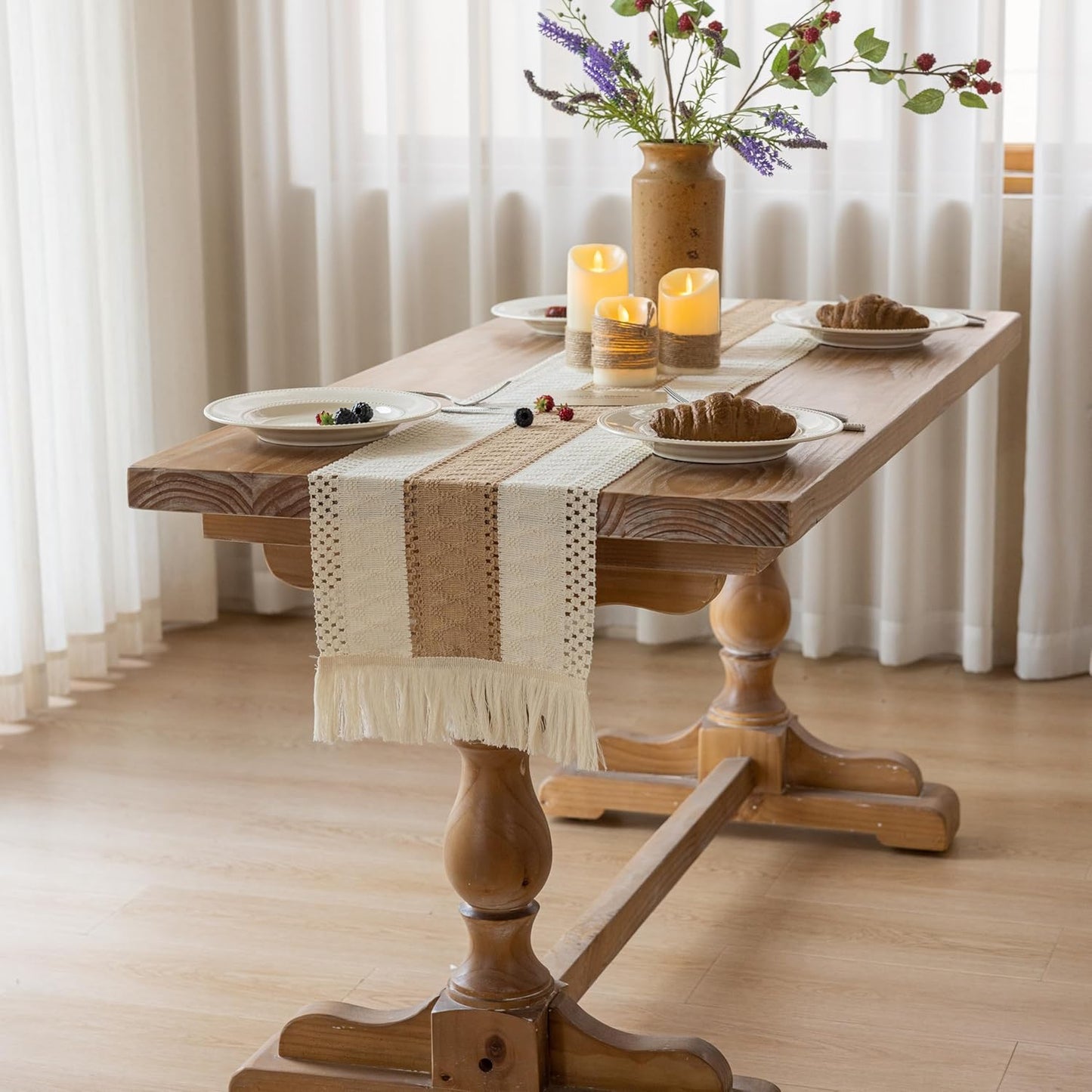 Boho Table Runner Cream Beige Brown for Home Decor 12x90 Inches Farmhouse Macrame Burlap Jute Rustic Dining Kitchen Centerpiece Bohemian Decor French Country Bridal Shower Decorations