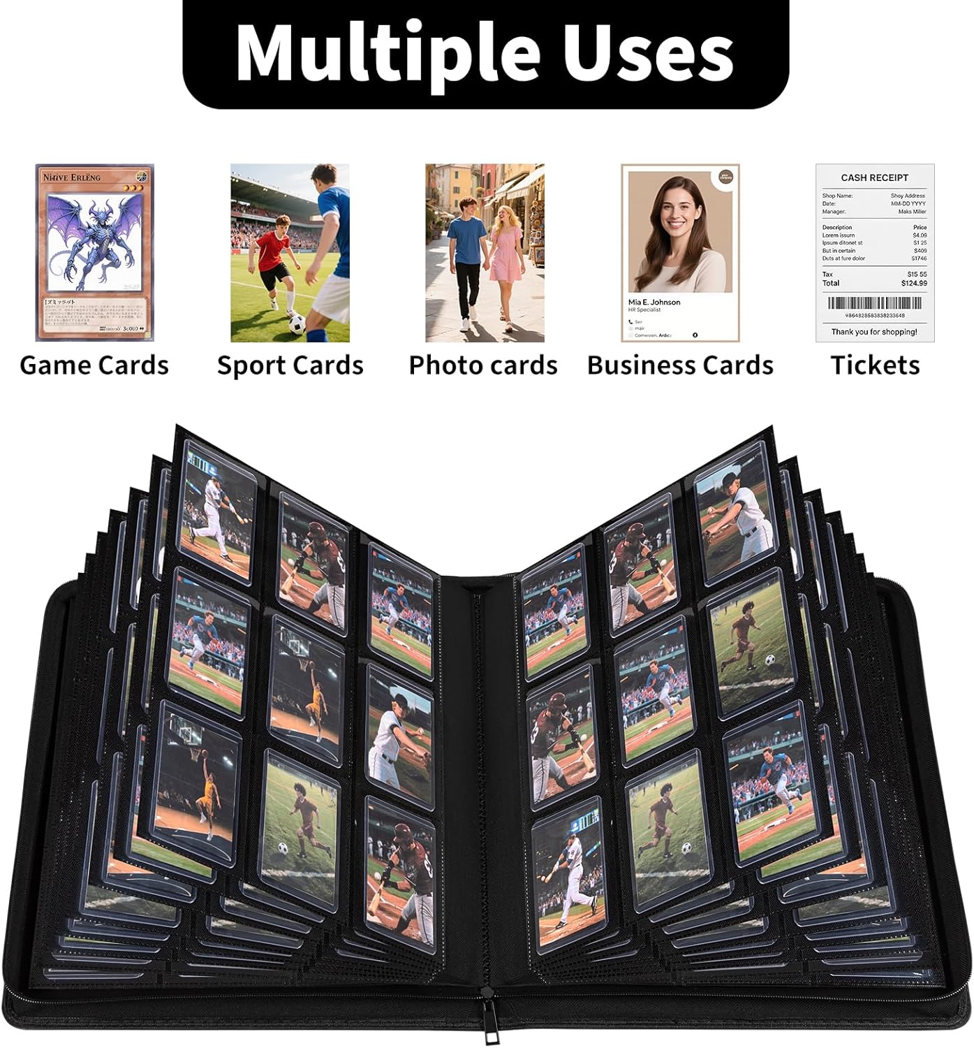 9-Pocket Toploader Binder, Baseball Football Sports Game Cards for 3"x4" Rigid Toploaders Trading Card Collection Album Holds 288 Cards Waterproof Storage Book Easy to Insert (Black)