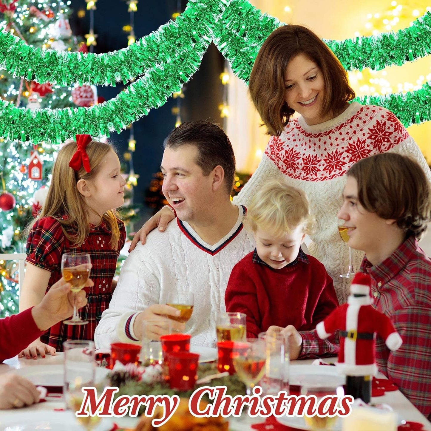 72 Feet Christmas Tinsel Garland Shiny Metallic Tinsel Twist Garland Streamers Ornaments Long Glitter Christmas Tree Hanging Decorations for Party Holiday Wedding Birthday Tree Wall Rail (Green)