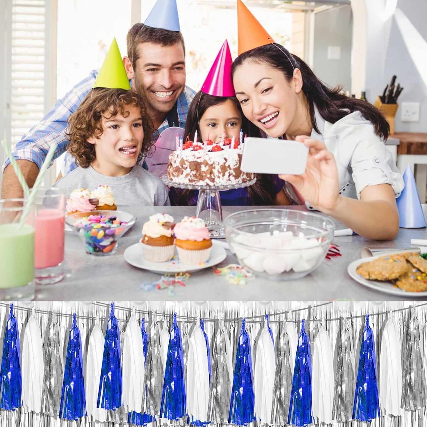 6P Navy-Blue White-Silver Tassel Garland Banner, Tassels Banner Streamers for Parade Floats, Bachelorette, Wedding, Birthday, Graduation, Christmas, Bridal/Baby Shower Party Decorations