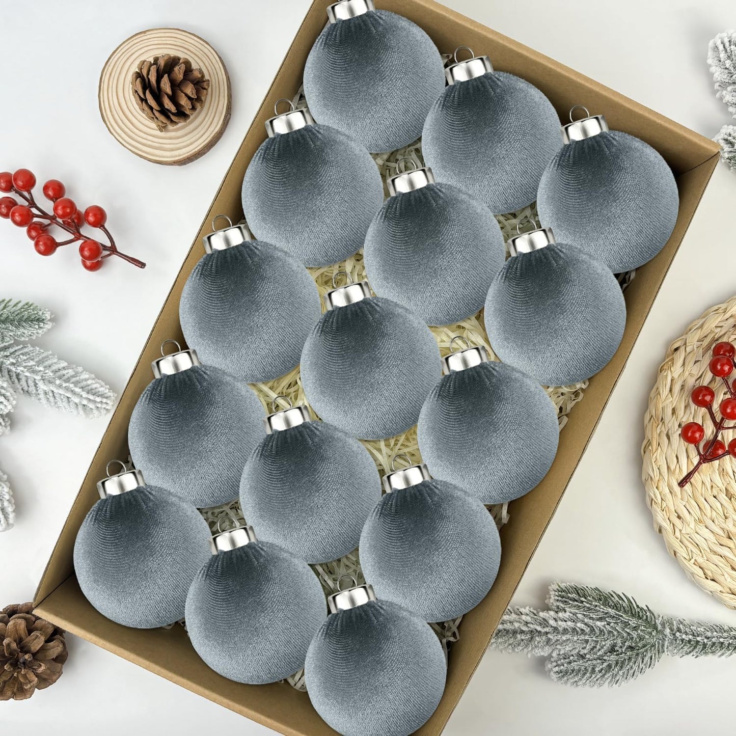 Neutral Velvet Christmas Tree Ornaments Set - Gray Xmas Hanging Baubles 15 PCS, Large Flocked Elegant Christmas Ball Ornaments, Shatterproof Decor for Holiday (Gray, 3.15 Inch)
