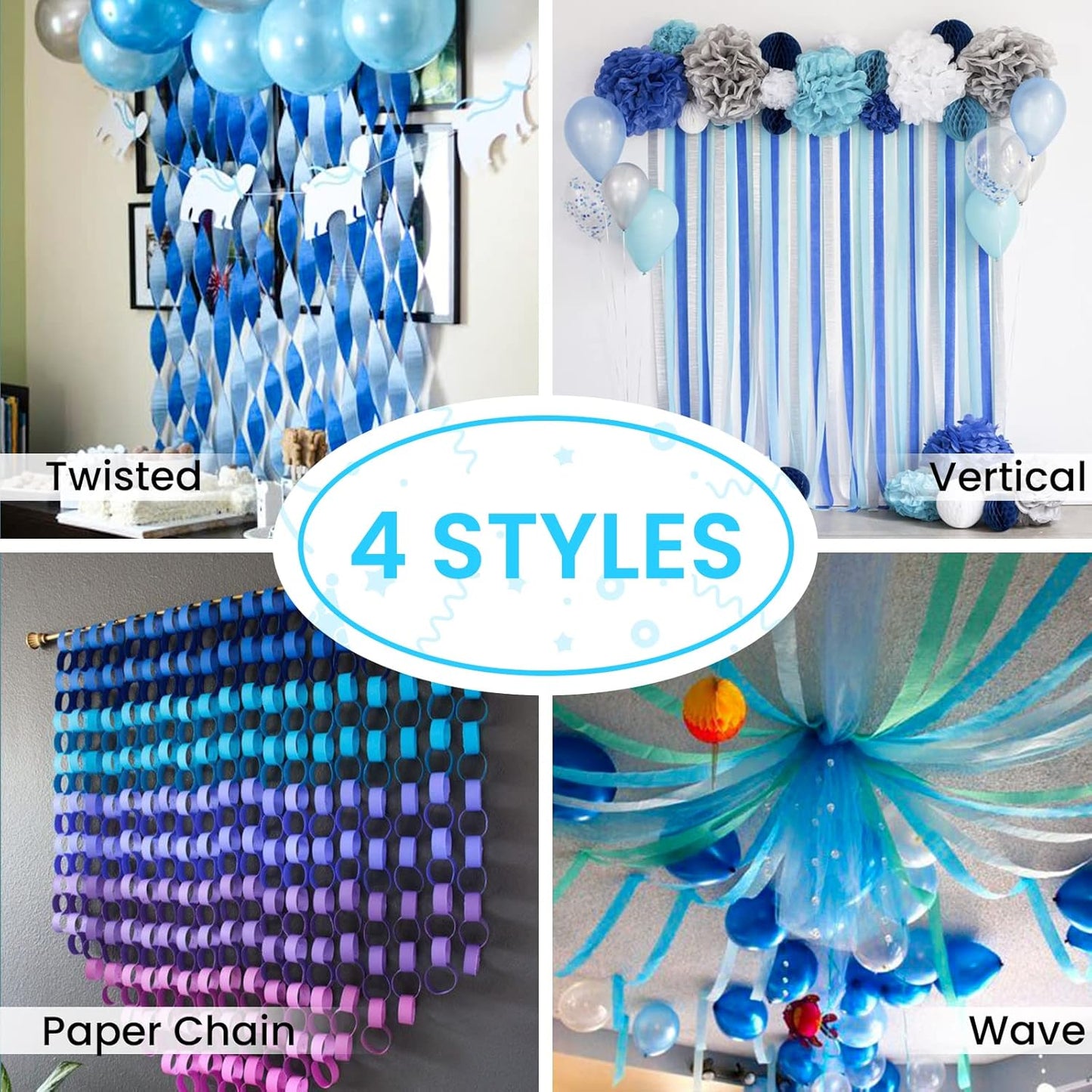 PartyWoo Crepe Paper Streamers 4 Rolls 328ft, Pack of Light Blue Crepe Paper for Party, Wedding, Birthday & Baby Shower Decorations (1.8 Inch x 82 Ft/Roll)