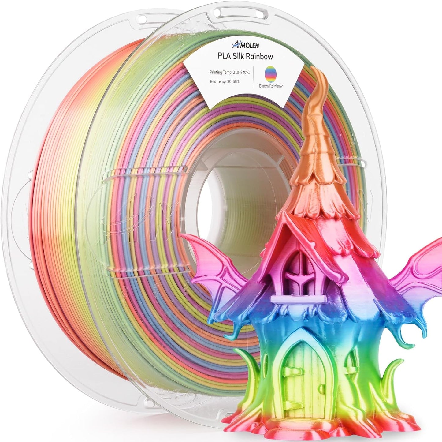 AMOLEN Silk PLA 3D Printer Filament, Shiny Multicolor Rainbow PLA Filament 1.75mm, Gradient Color Change PLA 3D Printing Filament for Most FDM 3D Printer, Pink Blue Purple Green Yellow, 1kg (2.2lbs)