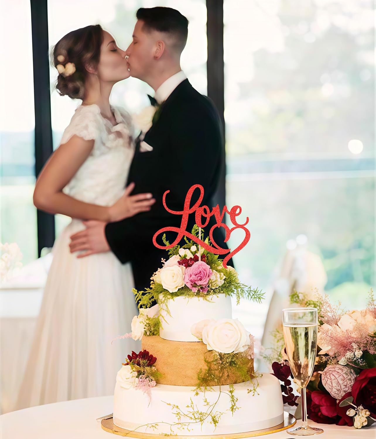 Love Cake Topper - Red Glitter Paper Wedding Cake Decoration Supplies, Perfect for Bridal Shower/Engagement/Anniversary/Birthday Party