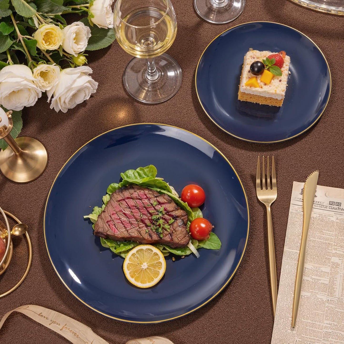 bUCLA 200PCS Blue Plastic Plates - Navy Blue Disposable with Gold Rim Include 100 Each (10 inch Dinner & 7 inch Dessert) Plates, Ideal for Party & Gathering