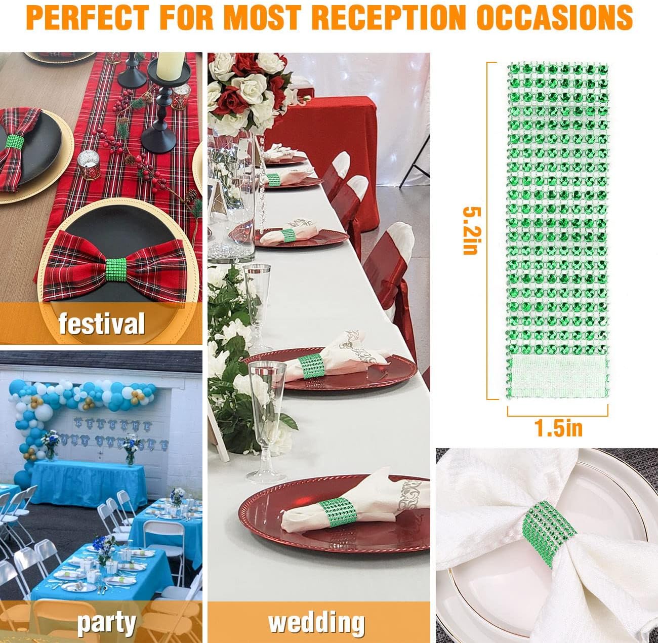 Green Napkin Rings Bulk Set of 150pcs,Wedding Rhinestone Crystal Diamond Napkin Rings Adornment for Wedding Reception, Dinner, Place Settings, Holiday Parties or DIY Decoration (150,Green)