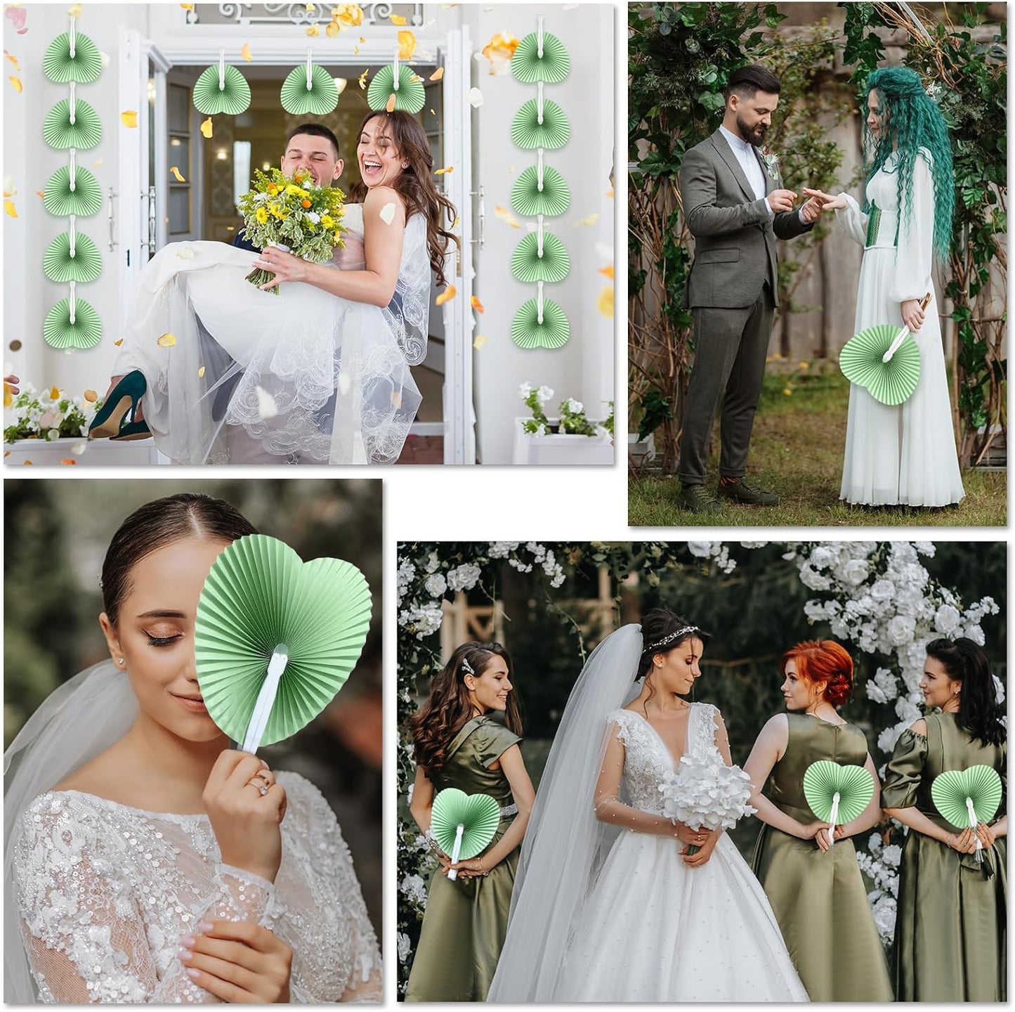 Unittype 150 Packs Wedding Paper Fans Heart Shaped Folding Handheld Fans for Wedding Decorate Guests Favor Anniversary Birthday Party Supplies Home Decor(Sage Green)