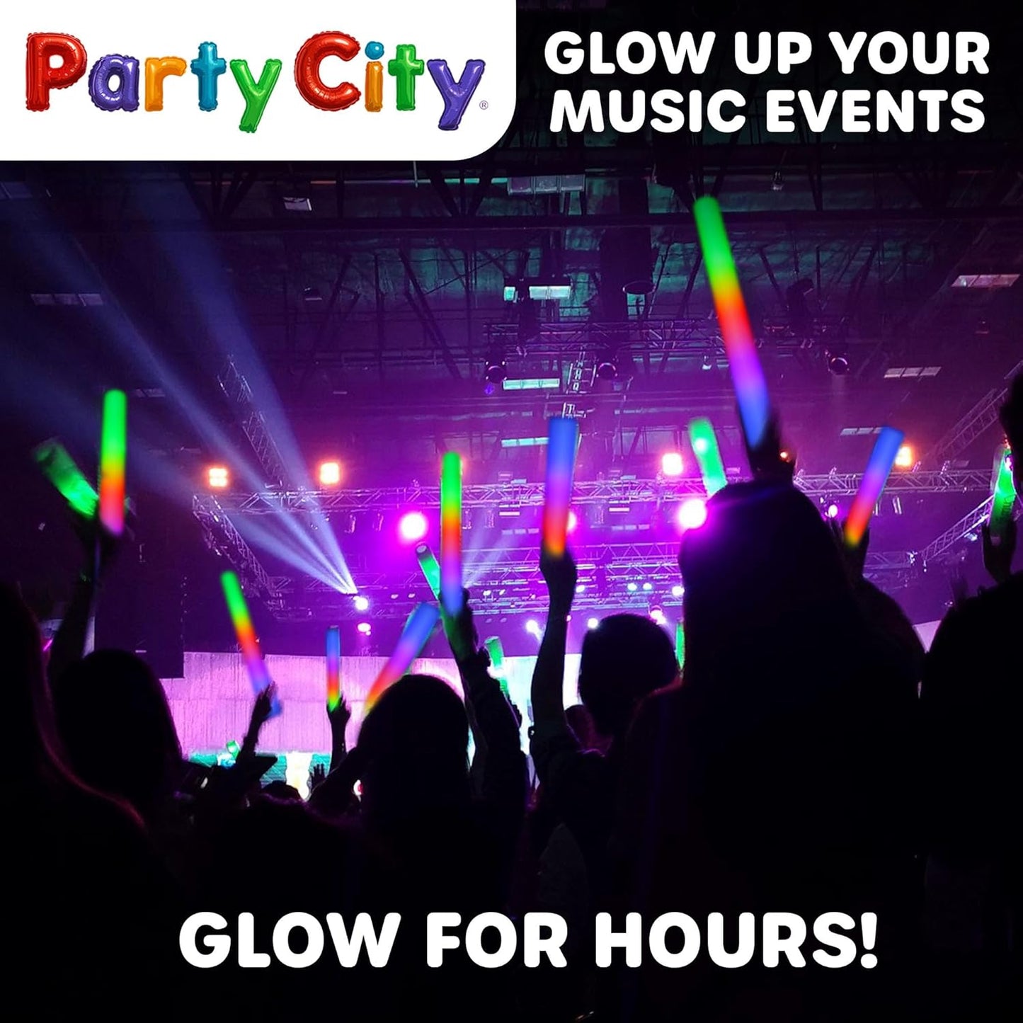 Party City 24pk LED Foam Glow Sticks 14”- Glow in the Dark Party Supplies Favors, Colorful Flashing Wand with 3 Modes, Light Up Foam Sticks Bulk Party Pack for Wedding, Birthday, Concert, Halloween