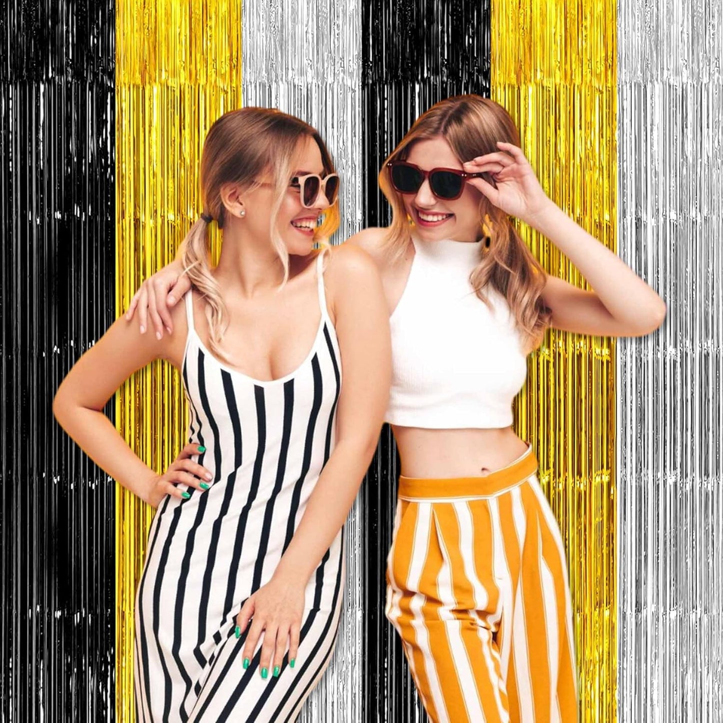 3 Pack Black Gold Silver Foil Fringe Curtains Backdrop, 3.28 x 9.8 Ft Metallic Streamers Tinsel Curtains Background for Photo Booth, Birthday, Halloween, Christmas, New Year Party Decorations