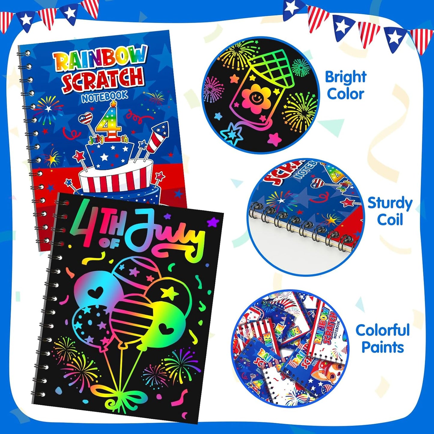 Party Favors for Kids: 24 Pack 4th of July Rainbow Scratch Art Notebook Classroom Supplies Bulk for Girls Boys Goodie Bags Stuffers, Independence Day Party Gift Kid Crafts
