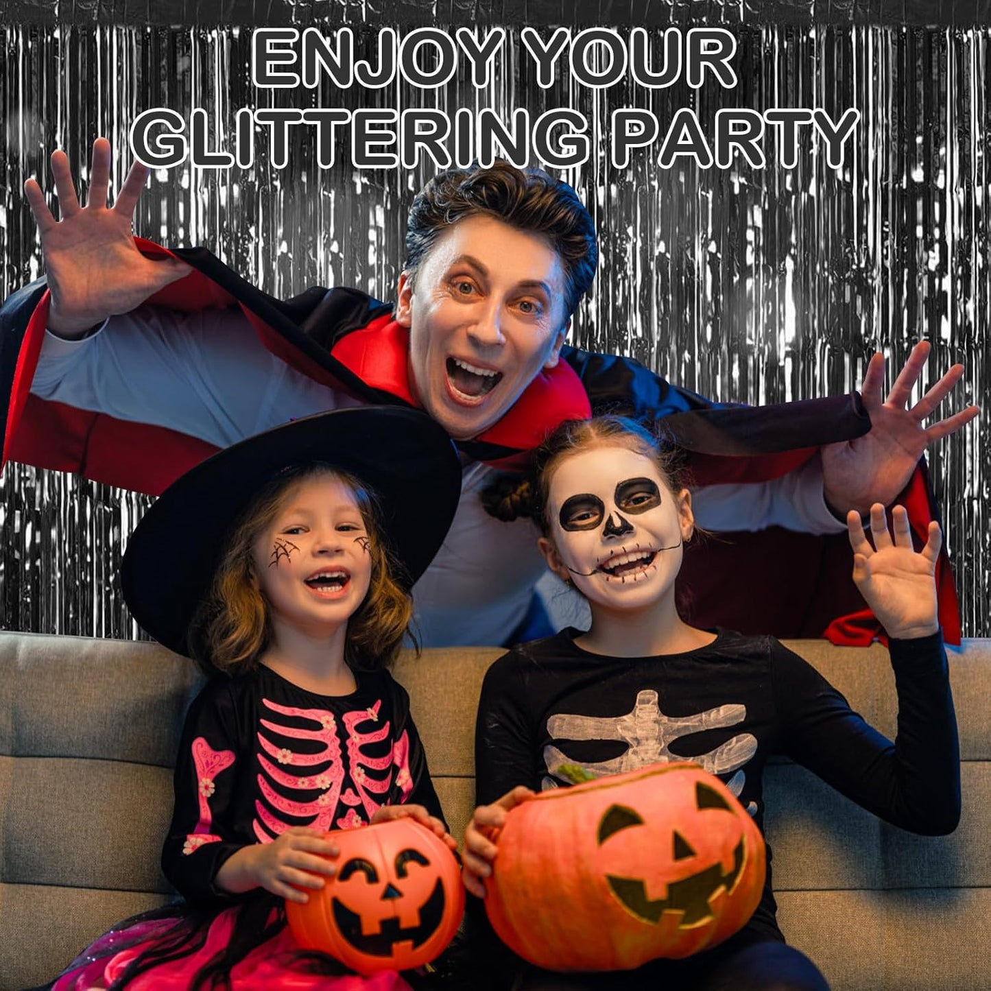 Black Fringe Curtain Party Streamers, 12 Pack 3.3ft x 8.2ft Foil Curtain Backdrop Tinsel Foil Fringe Curtains Photo Booth Backdrop Streamer for Birthday, Wedding, Baby Shower, Disco Party