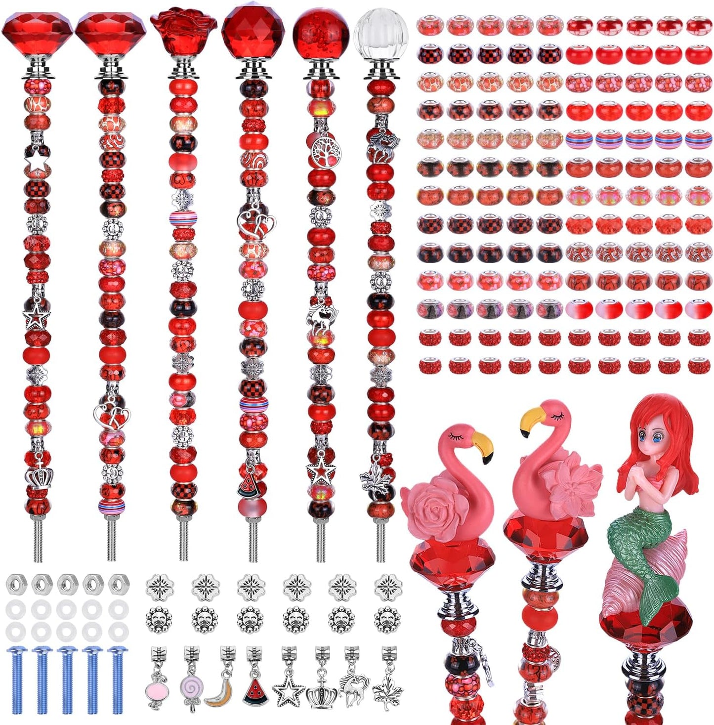 158 Pcs DIY Fairy Wand Garden Stakes Kit,Multiple Color Scheme European Beads Crystal Diamond Tops and 12 or 10 Inch Threaded Rods,Stainless Steel Stakes with Diamond Toppe (Red)
