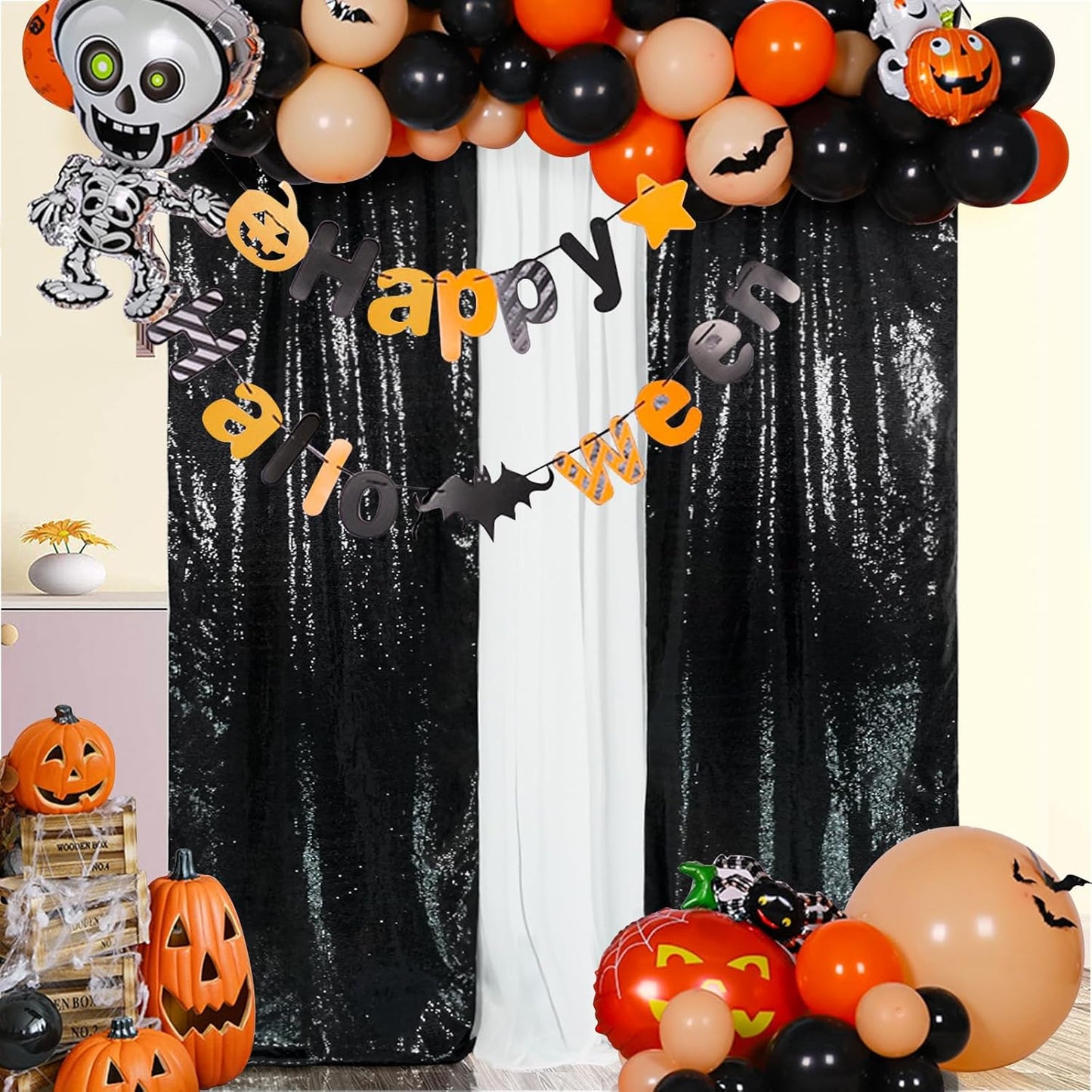 SquarePie Sequin Backdrop Curtain Non-Transparent Background Sparkly for Halloween Party 2FT x 8FT Black 2pcs