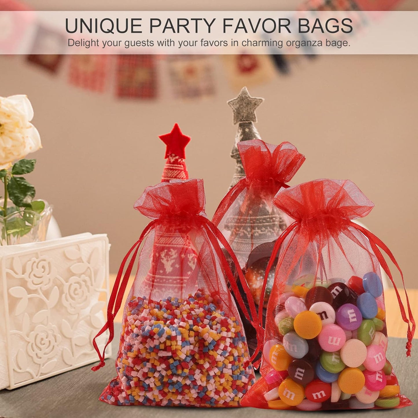 ANZNKU 100 Pack Organza Bags, 4 x 6 inch Small Bags, Favor Bags, Sheer Mesh Bags, Premium Red Gift Bags with Drawstring, Jewelry Bags Small Mesh Bags for Wedding Party Christmas