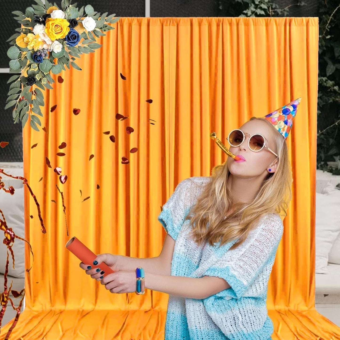 10 x 7 Feet Orange B Backdrop Curtain for Partie, Background Curtains for Photoshoot, Birthday, Wedding, Halloween, Thanksgiving, Christmas, New Year Party Decorations 5Ft x 7Ft, 2 Panels