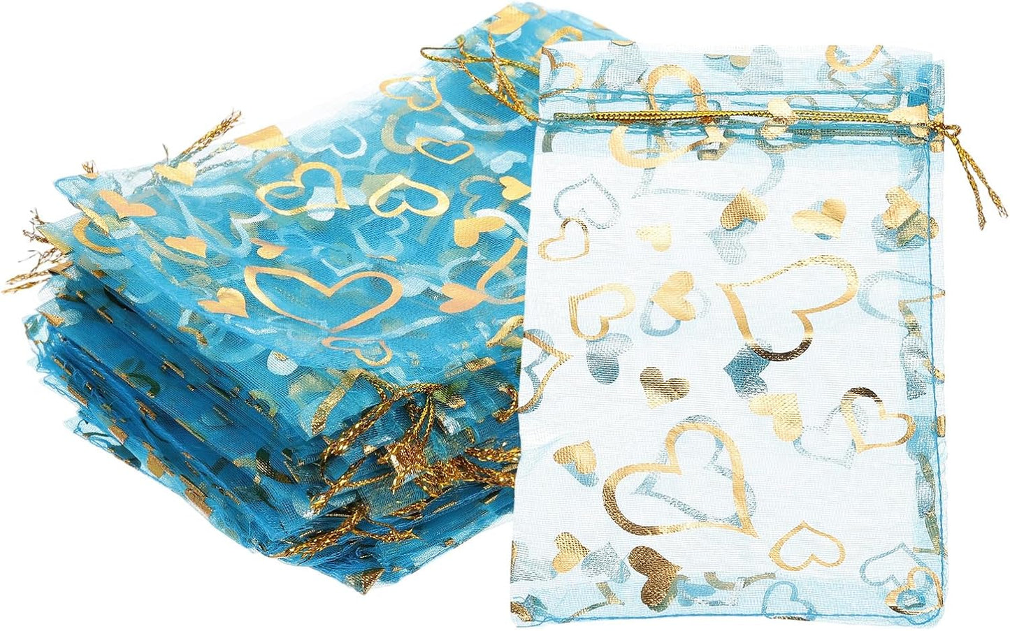 PATIKIL 50 Pcs 4x6 Inch Heart Printed Organza Bags, Lake Blue Sheer Heart Organza Bags with Drawstring for Christmas Candy Jewelry Party Wedding Favor Gift