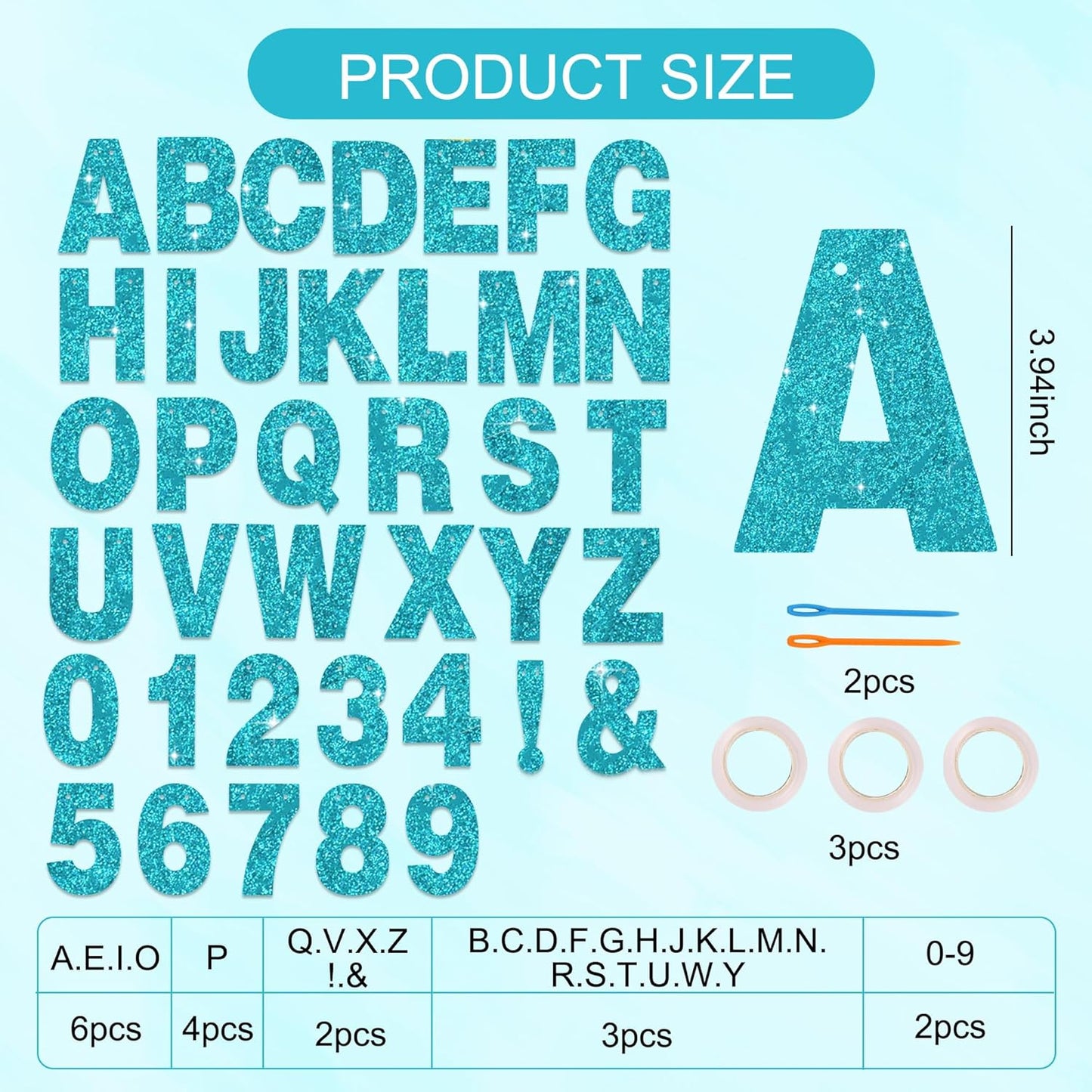BEISHIDA 116 PCS A-Z Glitter Lake Blue DIY Letter Banner Kit Make Your Own Banner，Including 111 Letters and Numbers 3 Rope and 2 Threading Device,Customized for Birthday Graduation Wedding Party Decor