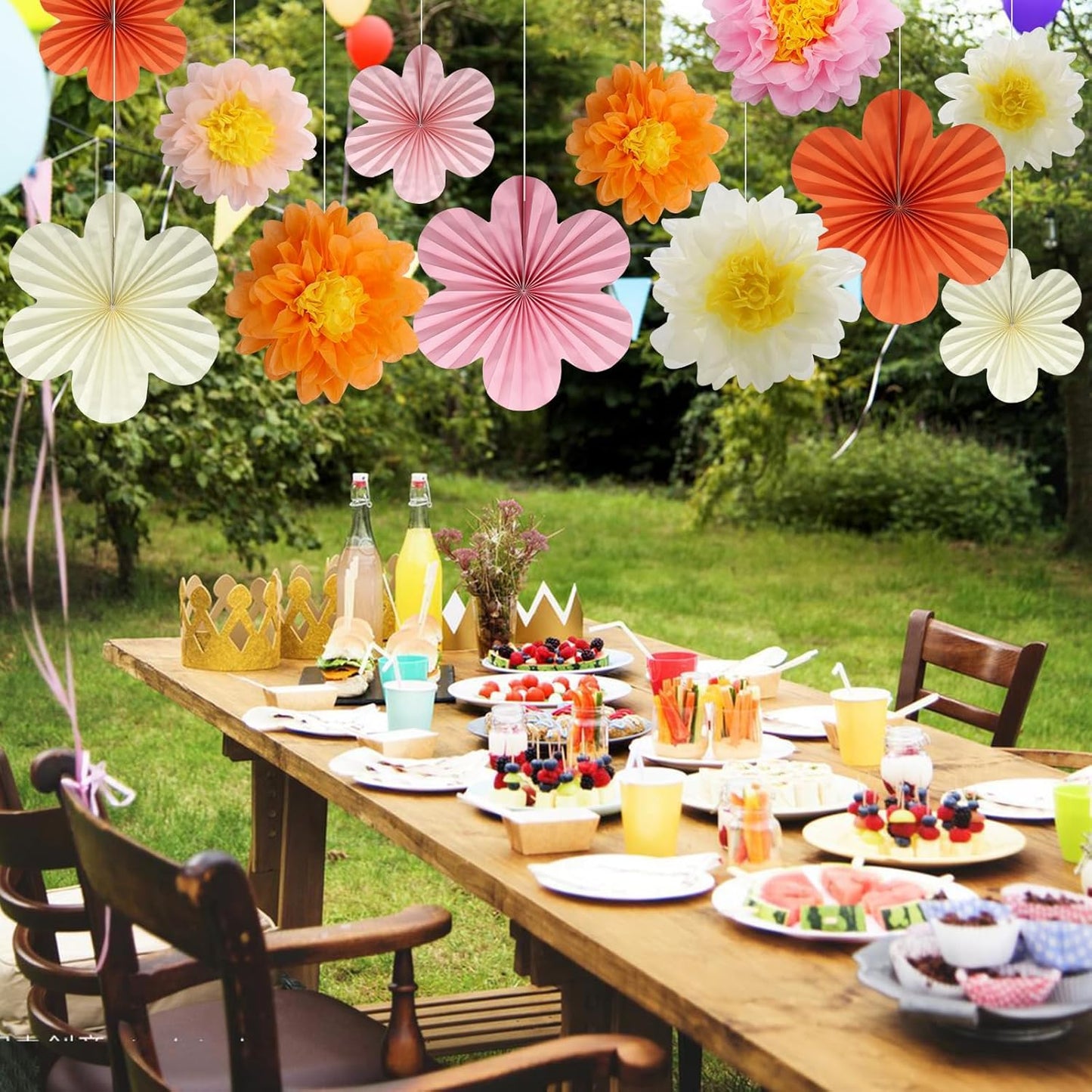 BestoFun 12PCS Paper Flowers Fans Pink Orange Party Decorations Tissue Paper Flowers Decorations for Girl Groovy Birthday Baby Shower Wedding Bachelorette Room Wall Hanging Décor