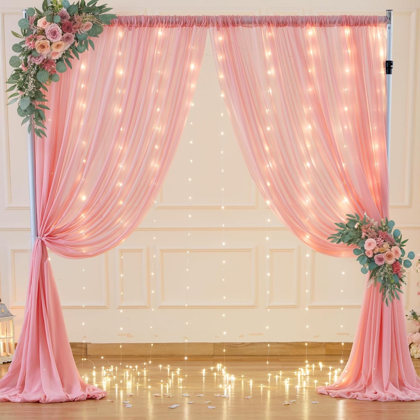 10ft x 7ft Baby Pink Chiffon Backdrop Curtain with Lights String for Parites Wedding Wrinkle Free Curtain Photo Backdrops Drapes for Baby Shower Birthday Party Home Decorations