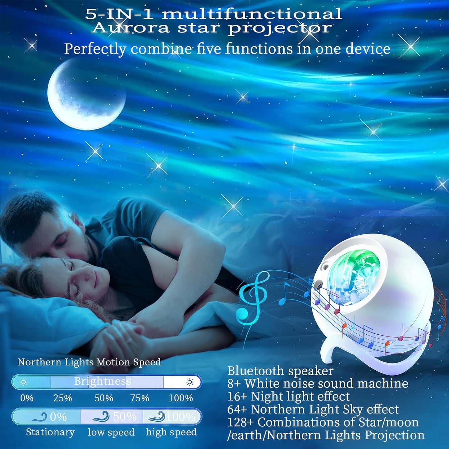 Aurora Northern Lights Projector: 60+ Light Effects White Noise Stars Sky Moon Lights for Bedroom Bluetooth Remote Timer Multi Colors, Mood Lighting Room & Classroom Decor