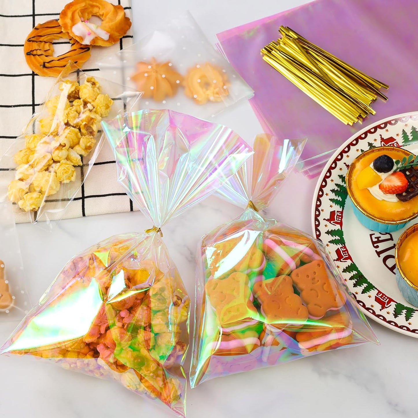 SUREHOME Cellophane Bags, 100 Pcs 6x10 Inches Clear Treat Bags with Ties Plastic Gift Bag Holographic Iridescent Pink Goodie Bag for Party Favors Wedding Candy Valentine Snack Popcorn Cookies Packing