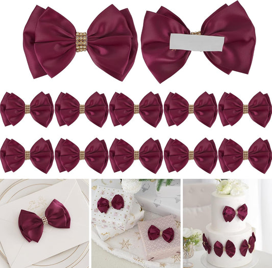 Dark Red Ribbon Bow 4'' Premade Satin Red Bows, Burgundy Gift Bows with Rhinestone, Wrapping Bows for Presents, Greeting Cards, Treat Bags, Valentines Bows for Gift Wrapping-12 Counts