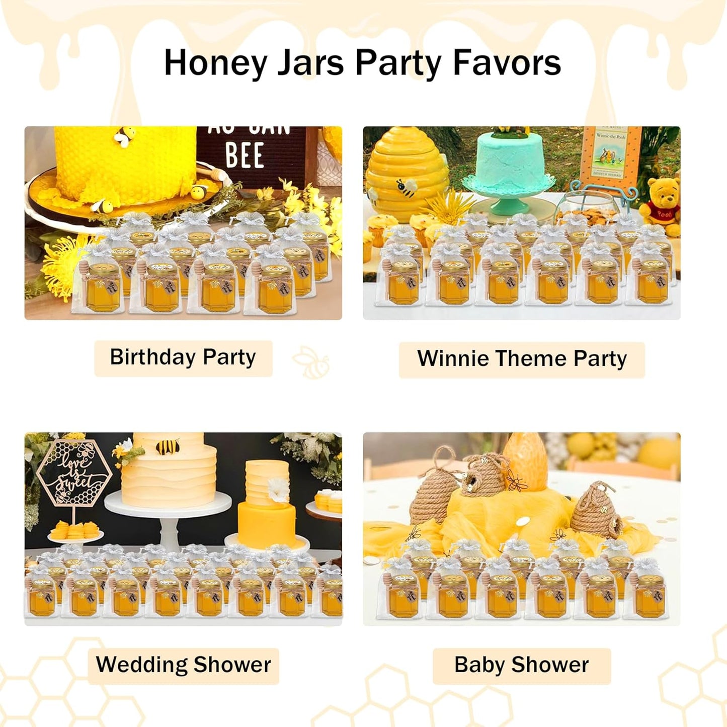 Aliggbent 70 Pack Small Honey Jars for Party Favors in Bulk, 3 oz Mini Hexagon Glass Honey Jars with Dippers, Lids, Cute Stickers, Bee Charms, Gift Bags and Jute for Baby Showers, Weddings, Birthdays