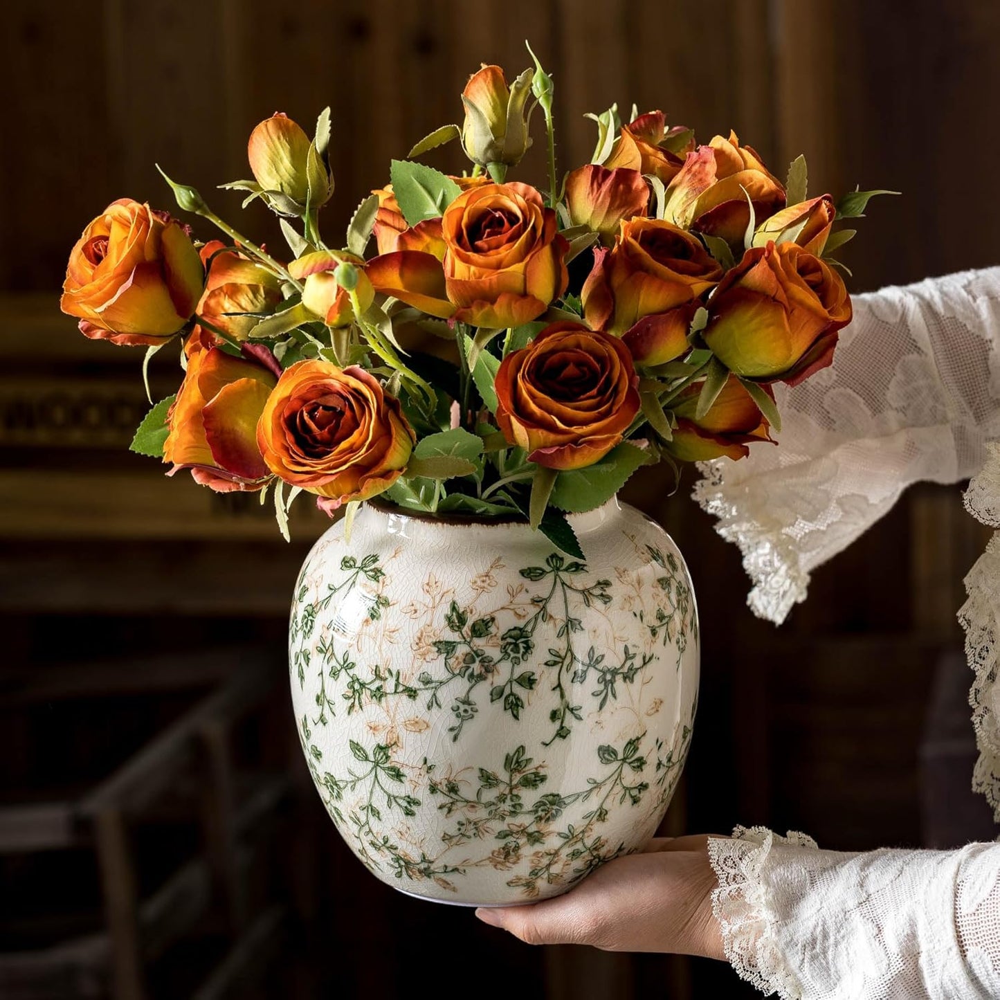 Vintage Green and Beige Round Pastoral Vase, Round Ceramic Floral Vases, Retro Ice Cracked Chinoiserie Vase for Home Decor, Living Room, Bookshelf, Office, Rustic Table Centerpiece 6.7 Inch