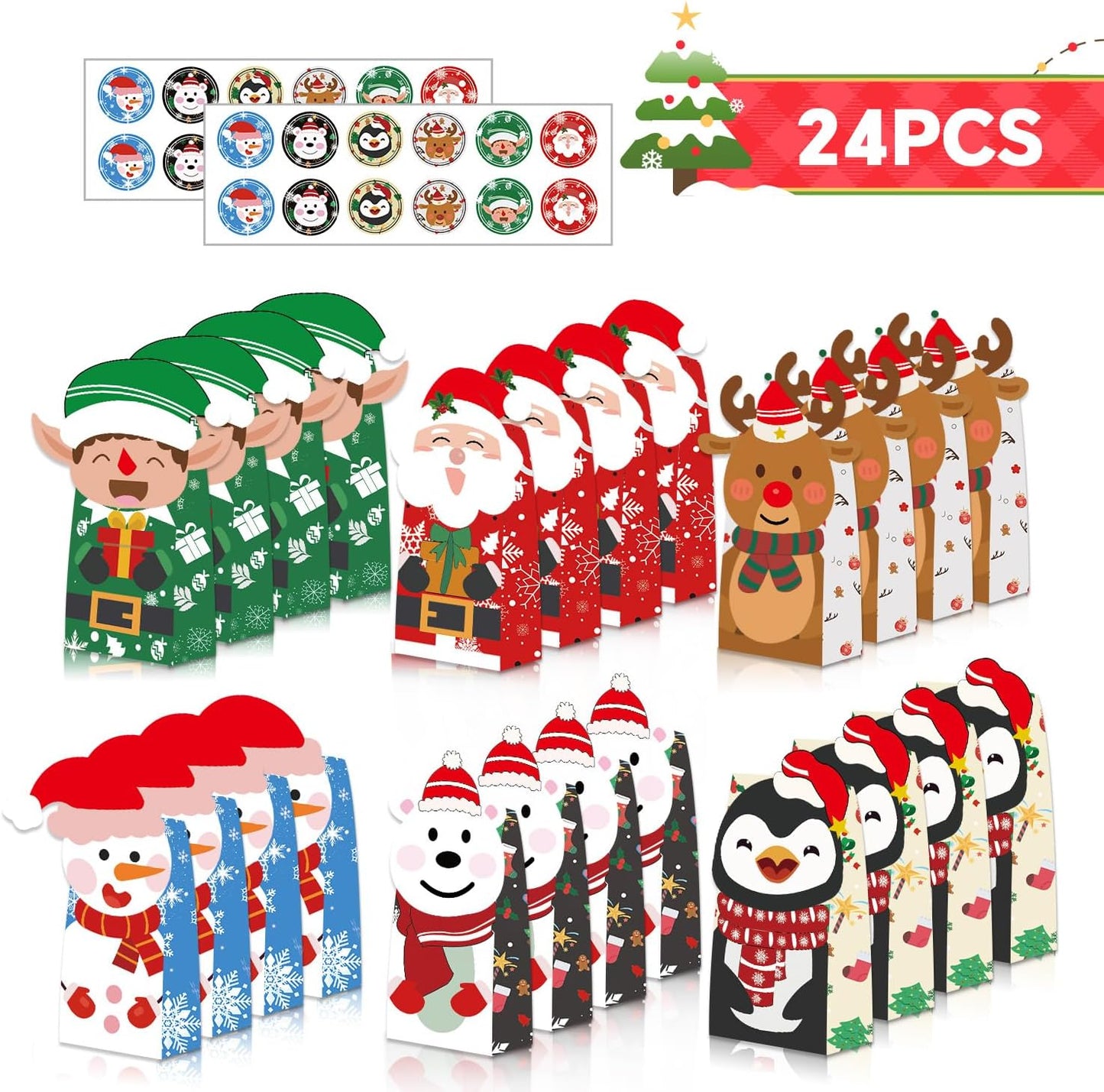 Tikitup 24PCS Christmas Treat Bags,24PcS Christmas Stickers,Xmas Cookies Wrapping Gift for Classrooms Holiday Party Supplies