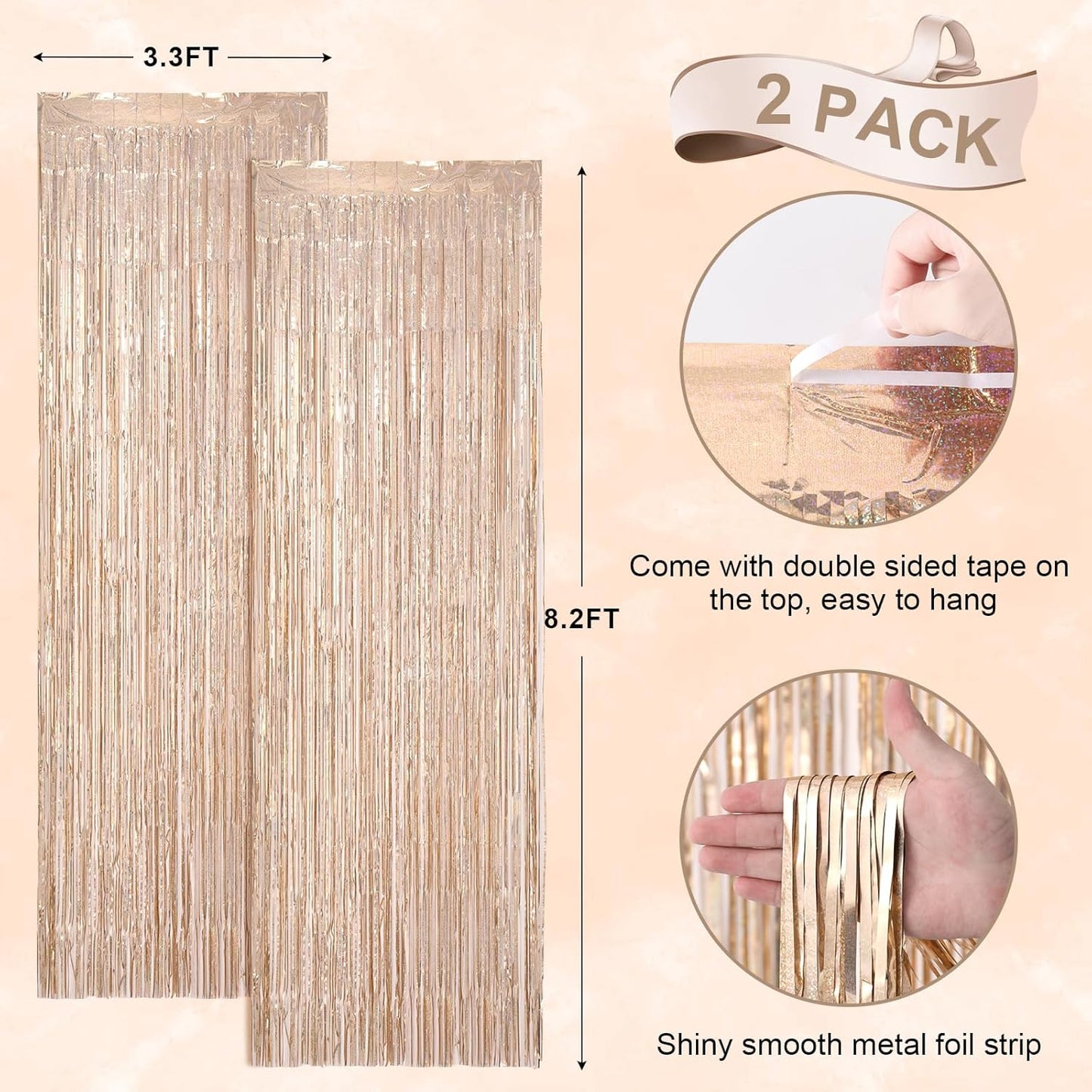 2 Pack Laser Champagne Foil Fringe Backdrop Curtains, Tinsel Streamers Birthday Party Decorations, Fringe Backdrop for Graduation, Baby Shower, Gender Reveal, Disco Party