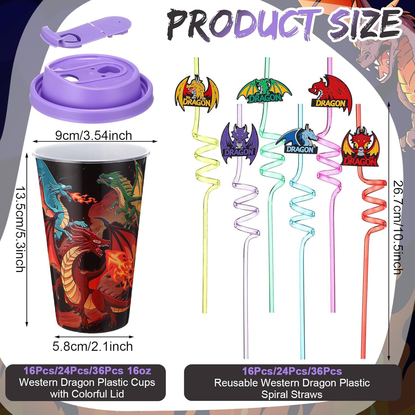 Yungyan 16 Sets Dragon Party Favors Goodie Cups with Lids and Straws for Birthday Decorations Reusable 16oz Plastic Candy Cups Plastic Straws for Birthday Party (Dragon)