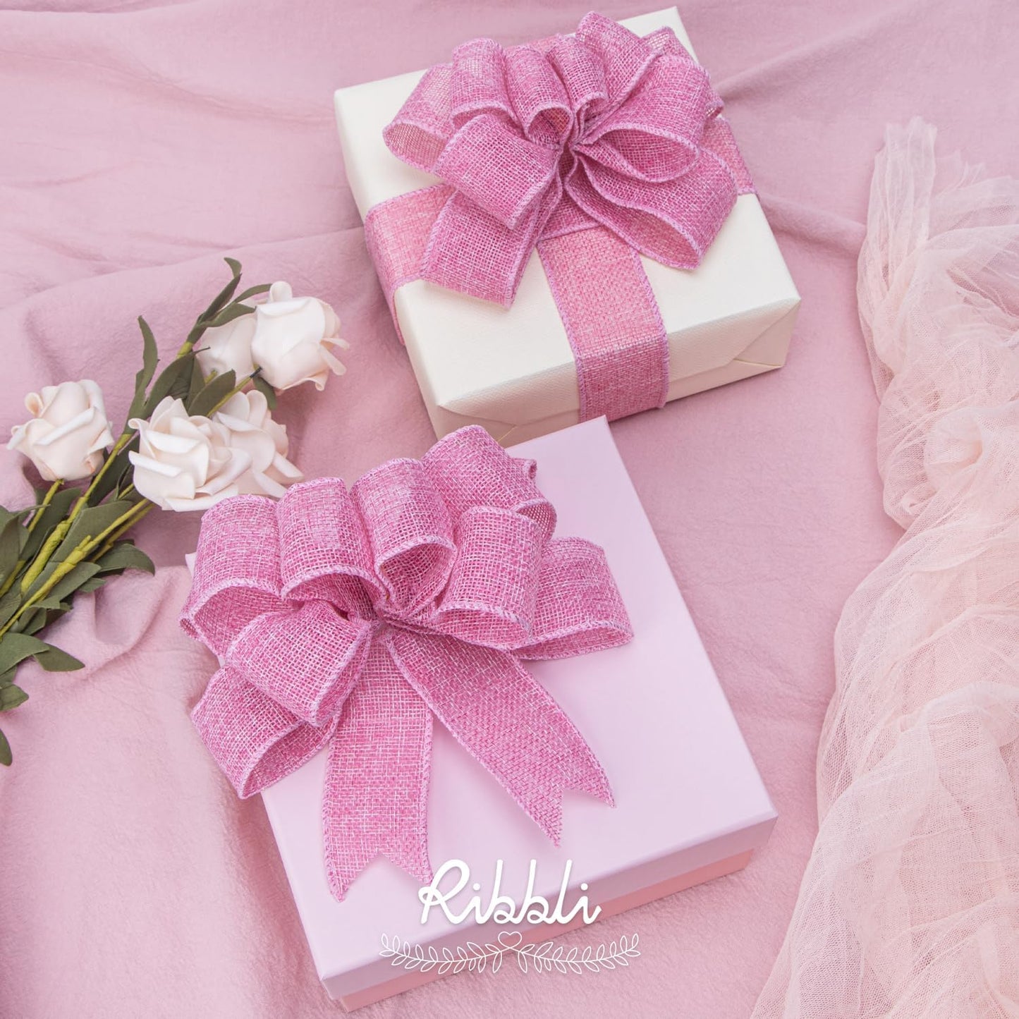 Ribbli Pink Burlap Valentine's Day Wired Ribbon,1-1/2 Inch x 10 Yard,Easter Wired Edge Ribbon for Big Bow,Wreath,Tree Decoration,Outdoor Decoration