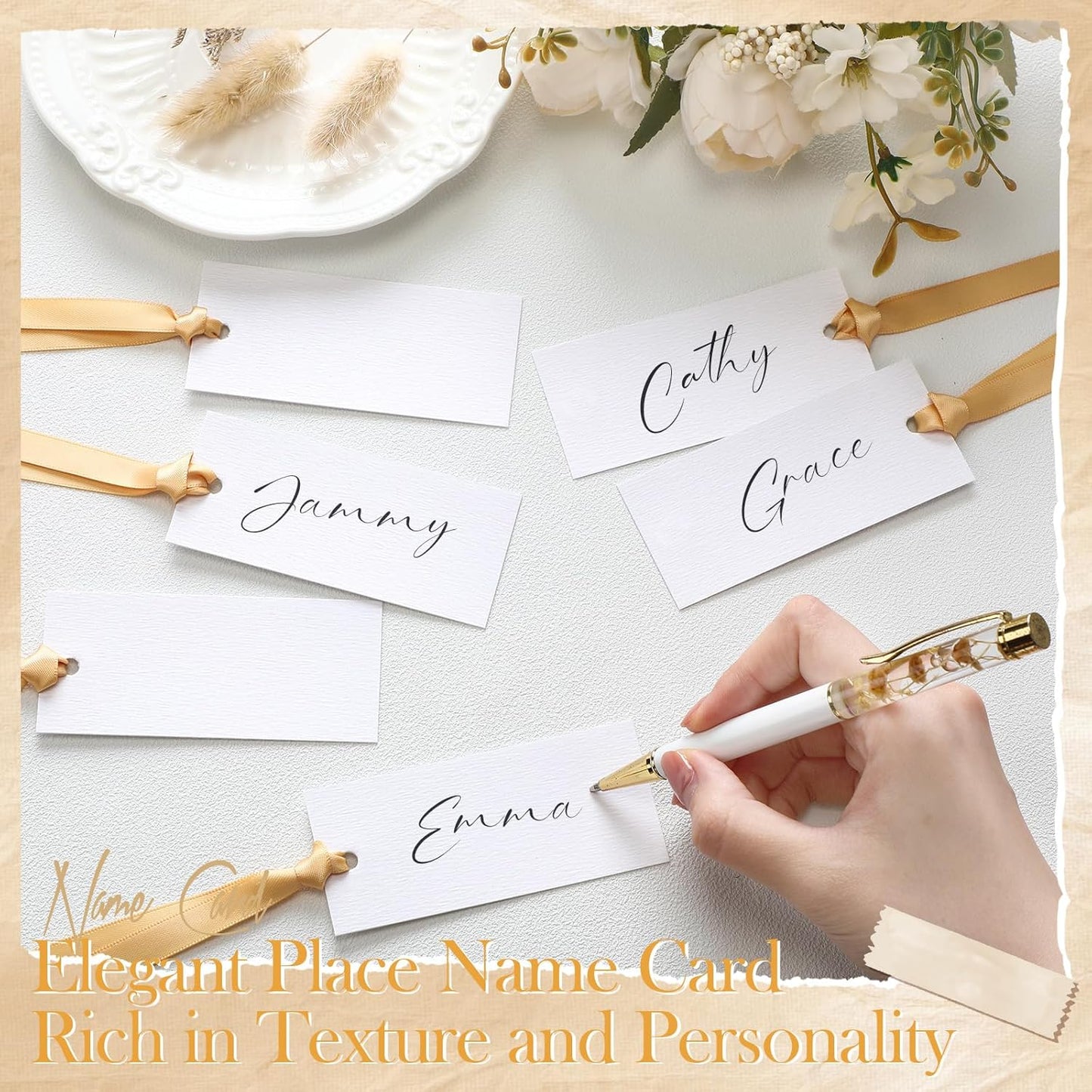 50 Pcs Name Place Cards for Table Setting Blank Wedding Place Cards with Satin Ribbon 1.57 x 3.54 Inch Hanging Gift Tags for Wedding Dinner Banquet Party Table Setting Supplies(Gold)