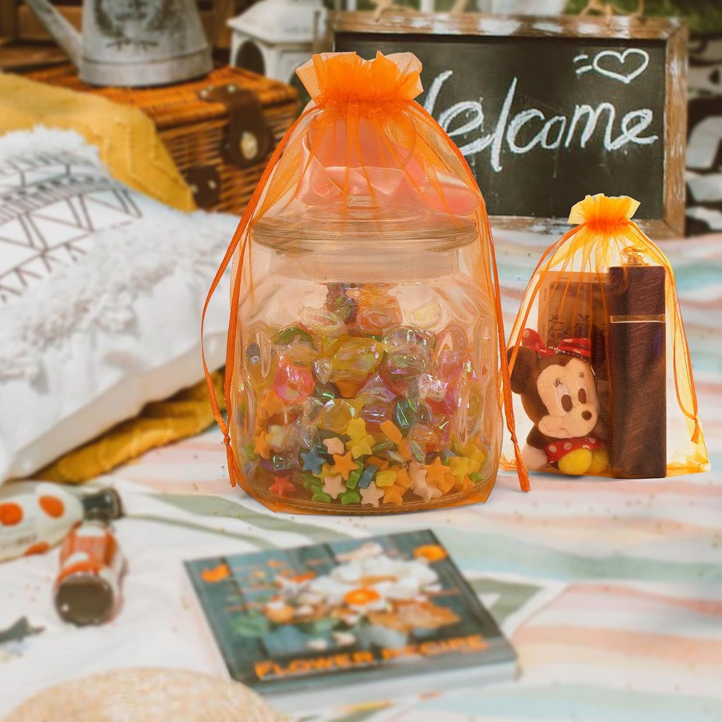 ANZNKU 100 Pack Sheer Organza Bags 6x9 inches, Mesh Bags Drawstring for Gifts Favor Bag for Party Wedding Christmas Halloween(Orange)