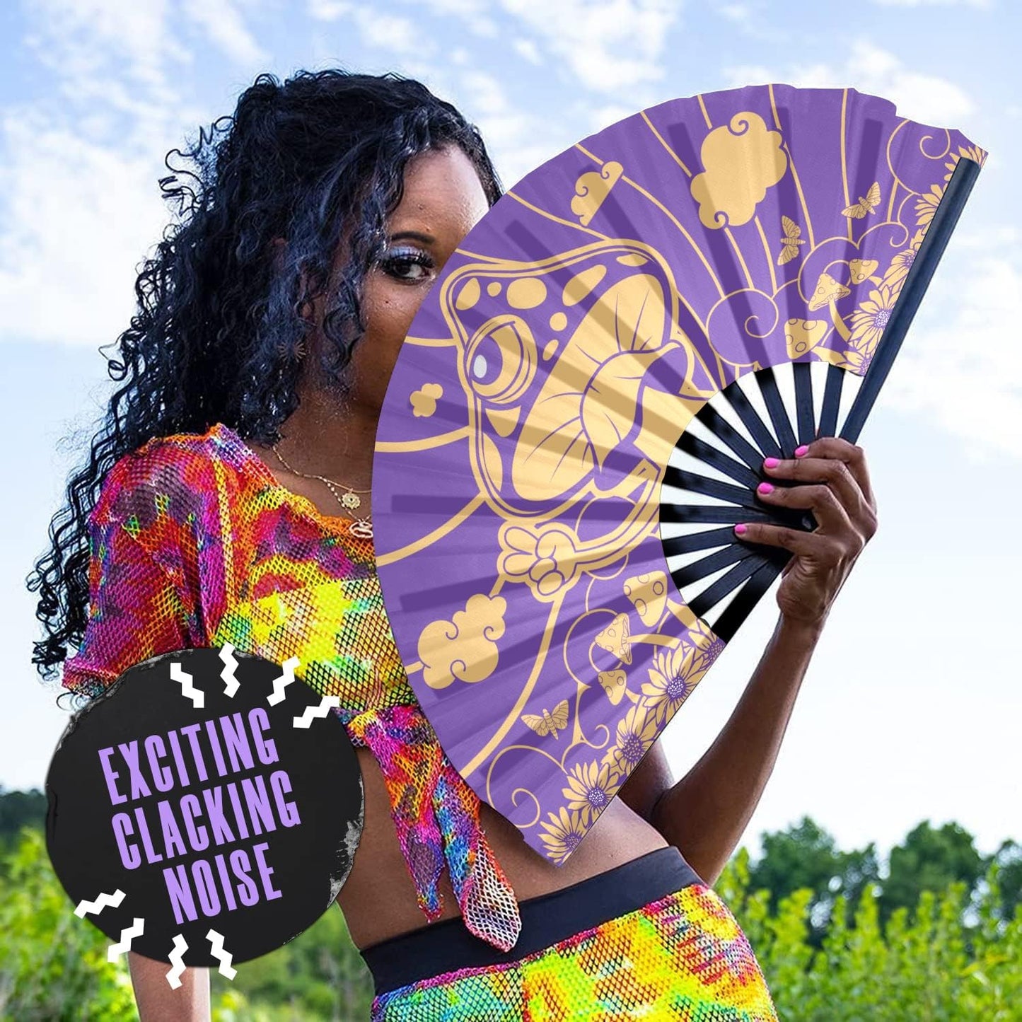 GloFX Rave Fan - Groovy Mushroom - Large Folding Fan - Music Festival Essential, EDM Rave Accessories, Folding Hand Fan, Clack Fan