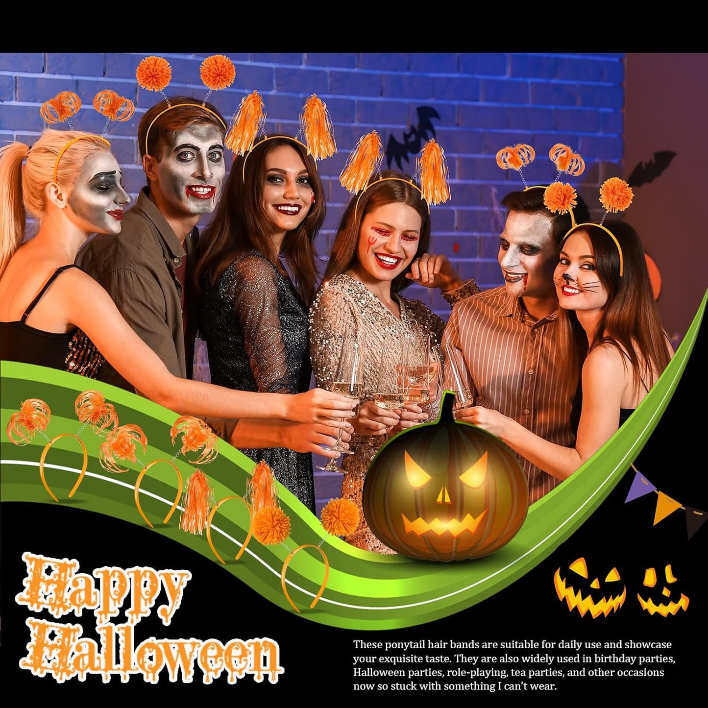 Censen 12 Pcs Halloween Pom Pom Party Headbands Tinsel Ponytails Spirit Head Bopper Headwear for Christmas Birthday Holiday