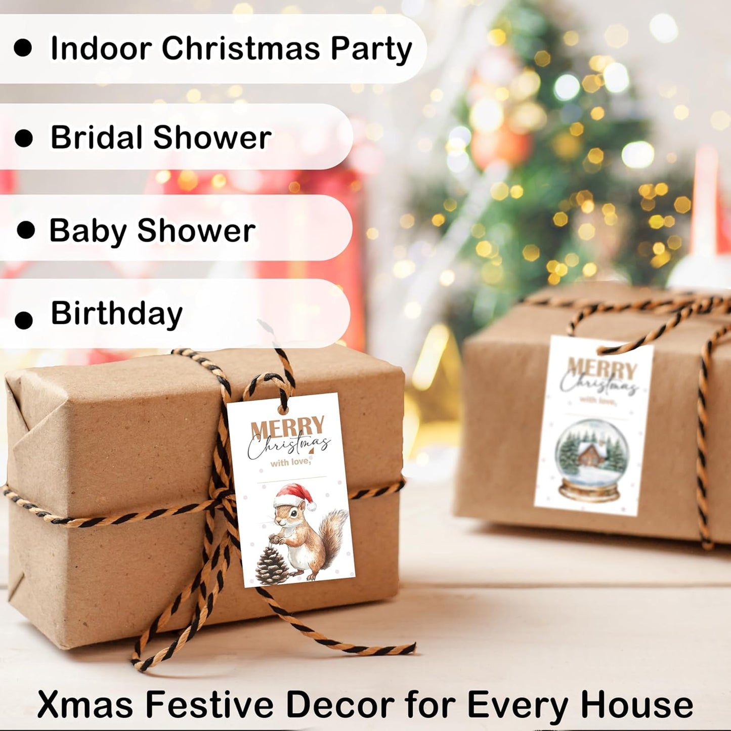 40 Pcs Christmas Gift Tags, 2.1"×3.5" Merry Christmas Tree Paper Tags with String, Hanging Presents Label Wrapping for Party Favor Decorations, 4 Styles - A03