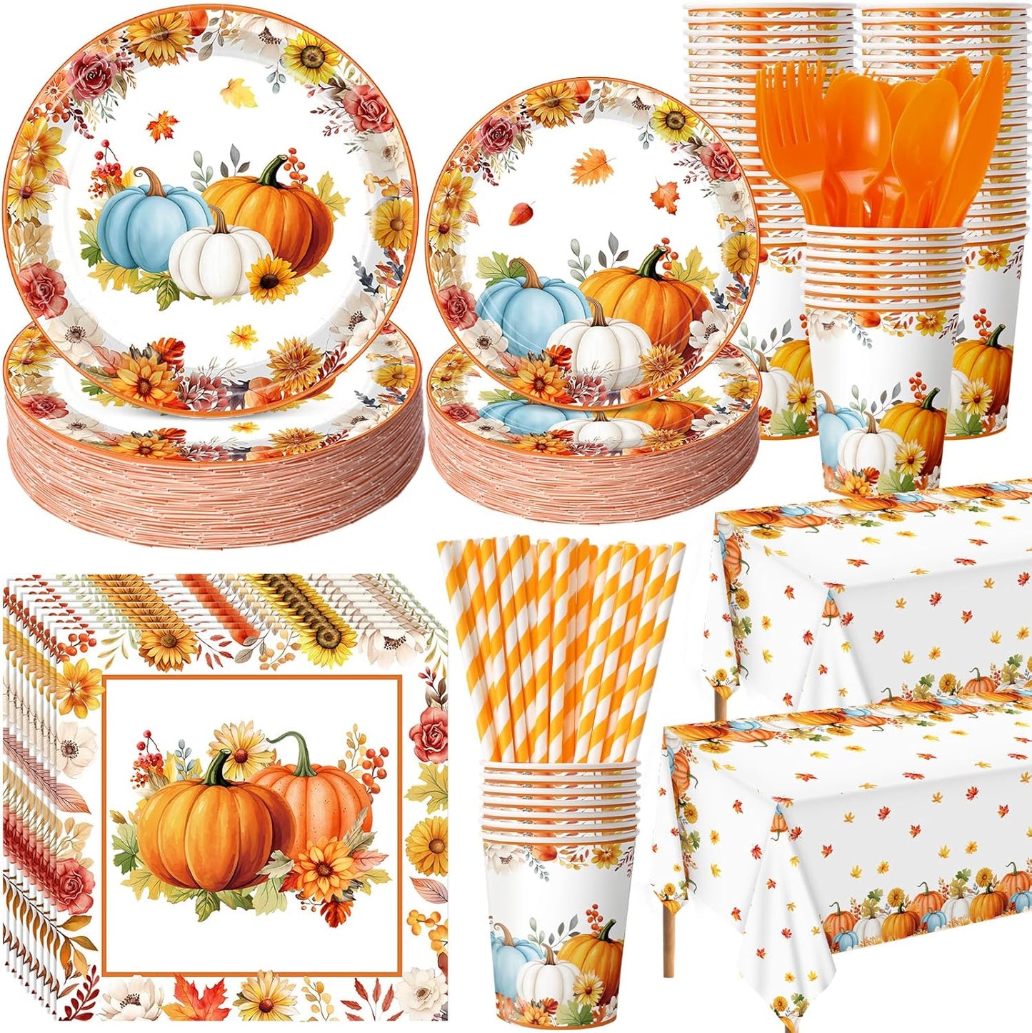 452 Pcs Fall Party Decorations Thanksgiving Party Supplies Fall Maple Leaves Pumpkins Paper Plates Napkins Cups Tablecloth Cutlery Straws for Autumn Thanksgiving Harvest Birthday Holiday