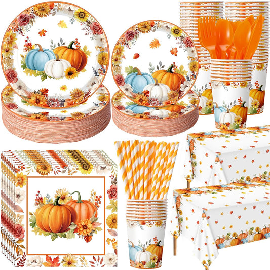 452 Pcs Fall Party Decorations Thanksgiving Party Supplies Fall Maple Leaves Pumpkins Paper Plates Napkins Cups Tablecloth Cutlery Straws for Autumn Thanksgiving Harvest Birthday Holiday
