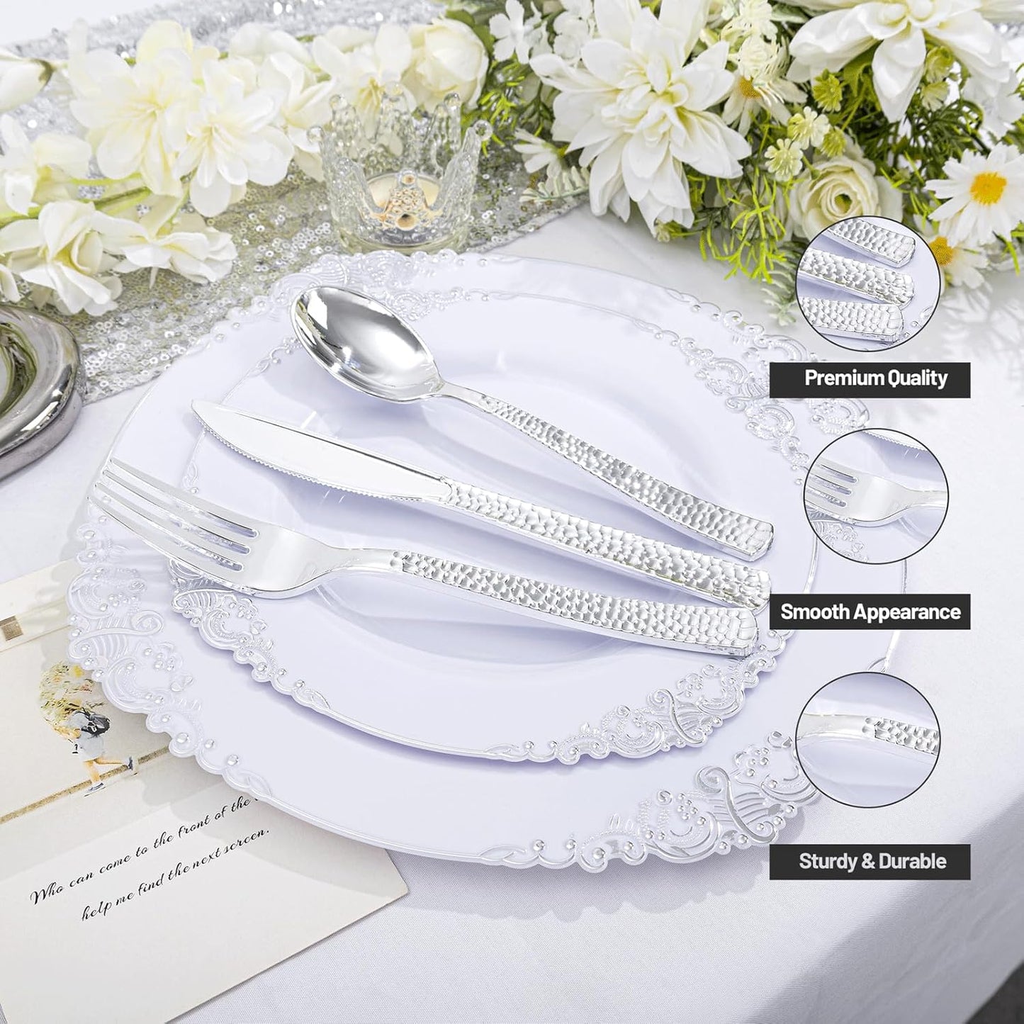 300Pieces Silver Plastic Silverware - Hammered Disposable Utensils - Heavy Duty Plastic Cutlery Set Includes 100 Forks, 100 Spoons, 100 Knives for Dinner Parties Weddings