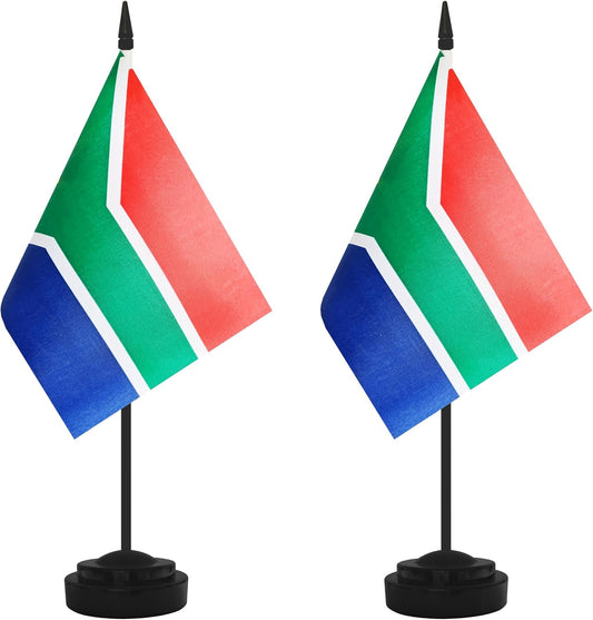 2 Pack South Africa Desk Flag Set, South Africa Desktop Small Miniature Table Office Flag with 12" Black Pole and Black Base, Offices, Classroom, Home, Festival Decoration (South Africa)