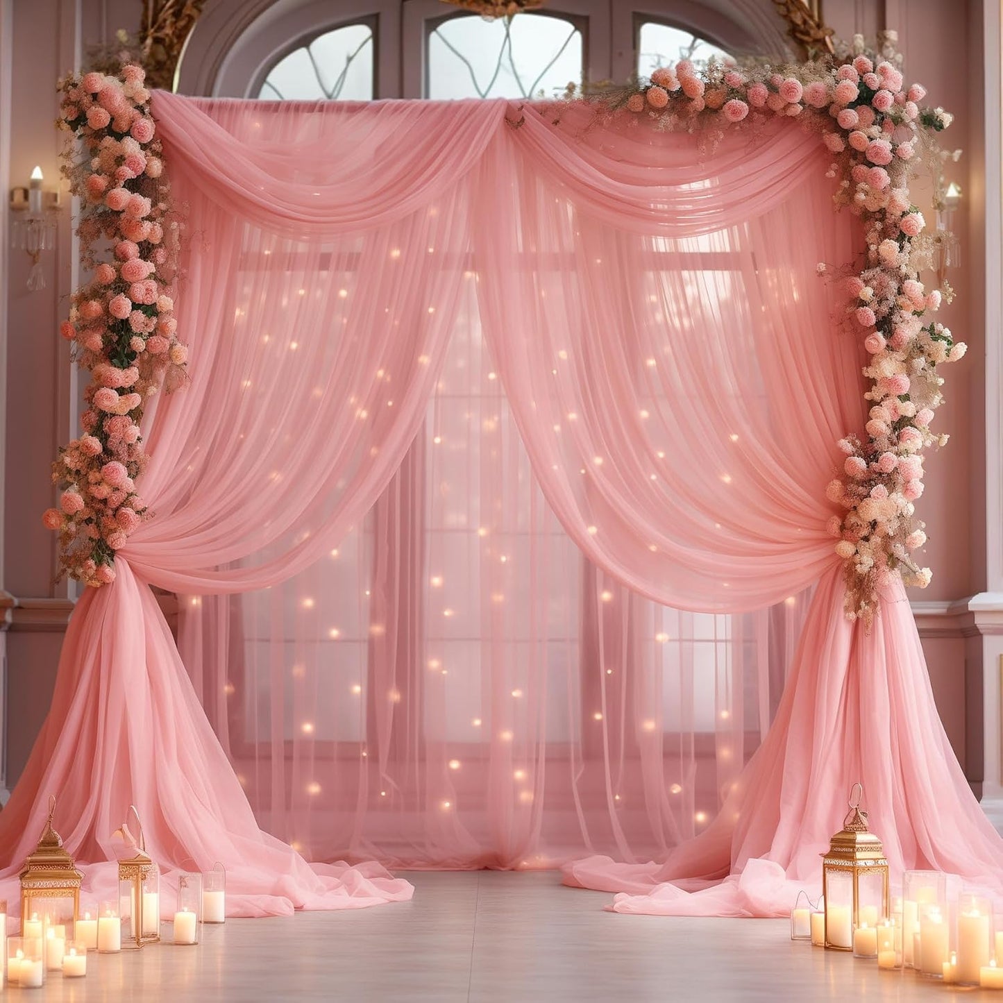 20×10ft Dusty Rose Tulle Backdrop Curtain with Lights String for Parties, Sheer Curtain Backdrop Drapes for Wedding Party Home Decorations