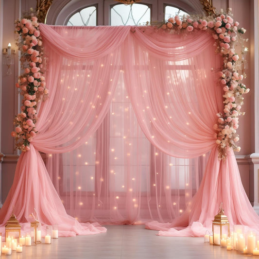 20×10ft Dusty Rose Tulle Backdrop Curtain with Lights String for Parties, Sheer Curtain Backdrop Drapes for Wedding Party Home Decorations