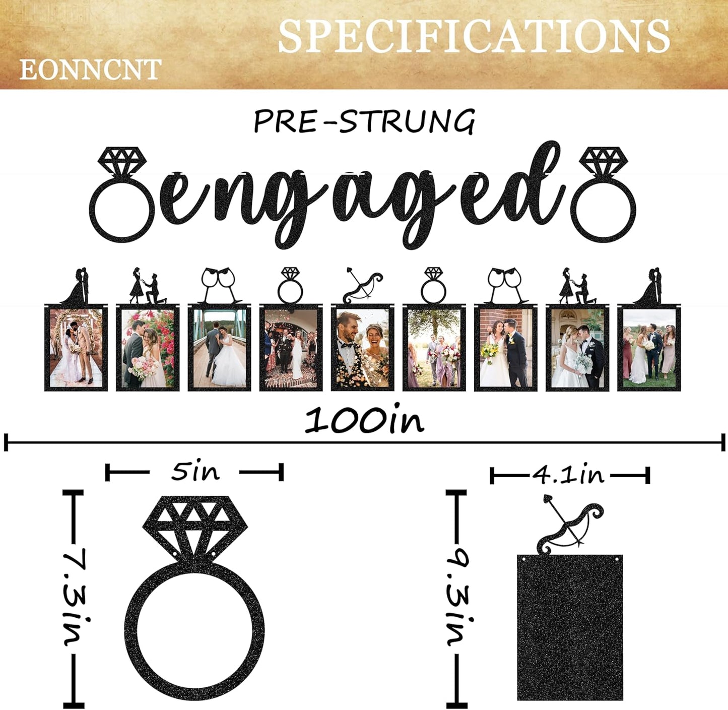 Pre-Strung Engaged Photo Banner - Black Glitter Engagement Party Decoration Supplies with Romantic Memories Picture Card Frames for Bachelorette, Bridal Shower, Wedding Party Photo Booth Props
