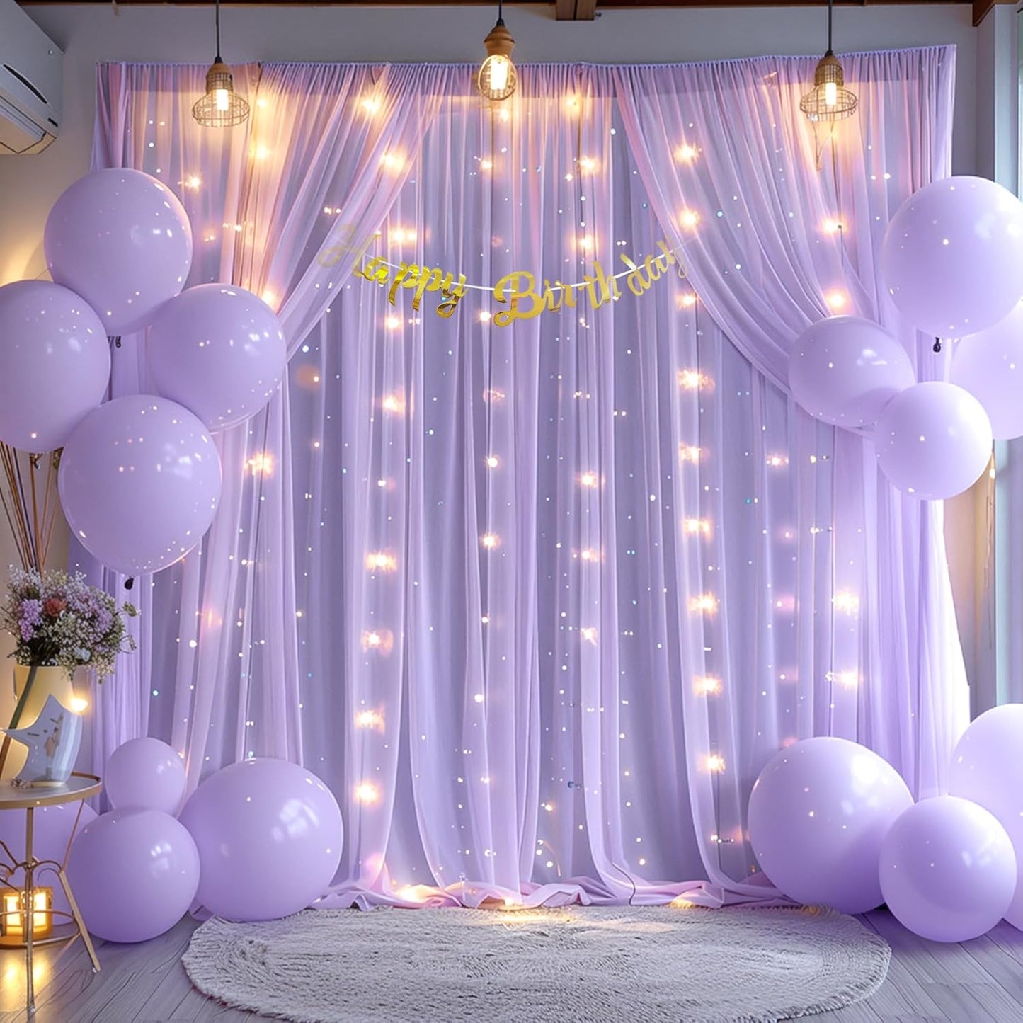 10x10ft Lavender Chiffon Backdrop Curtain with Lights for Wedding Baby Shower, Light Purple Curtain Backdrop with Lights for Birthday Party Gender Reveal Photo Shoot (5 x 10ft,2 Panels)