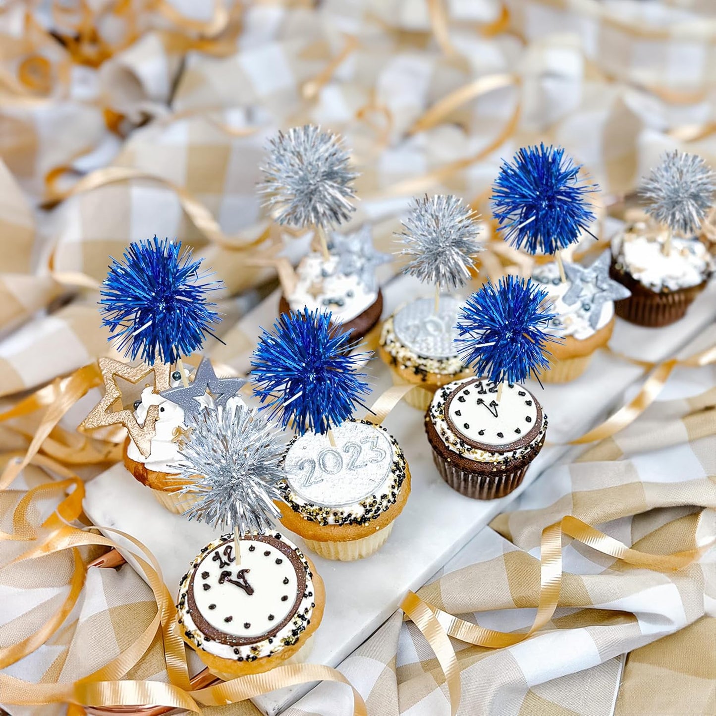 Gyufise 30Pcs Foil Firework Cupcake Toppers Sparkle Tinsel Cake Toppers Tinsel Drink Cake Decoration Cocktail Picks for Birthday Wedding Graduation Party Supplies Silver Dark Blue