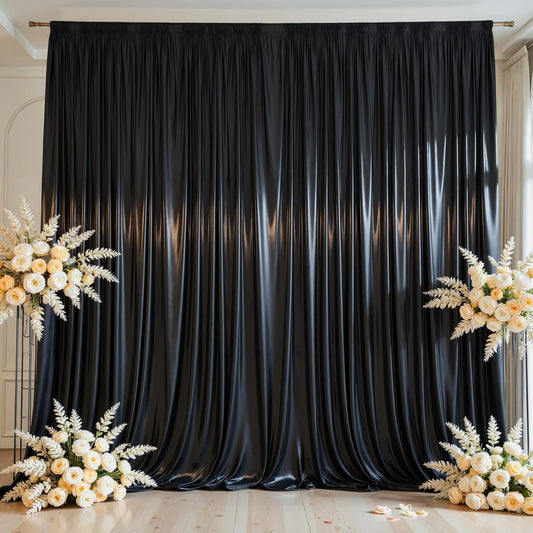 Black Satin Backdrop Curtains 2 Panels - Glitter Photo Drapes for Baby Shower, 10x10FT Shimmer Back Drop Cloth, Wrinkle Free for Birthday Party Prom Wedding Photoshoot Background