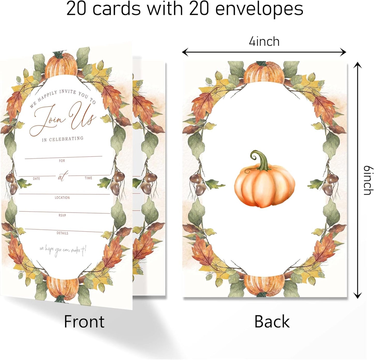 Join Us In Celebrating - Fall Invitation Cards with Envelopes Pack of 20 (4"x6") - Pumpkin Leaf Autumn Themed Invitations for Baby Shower, Wedding, Bridal Shower, Baptism, etc.(152)