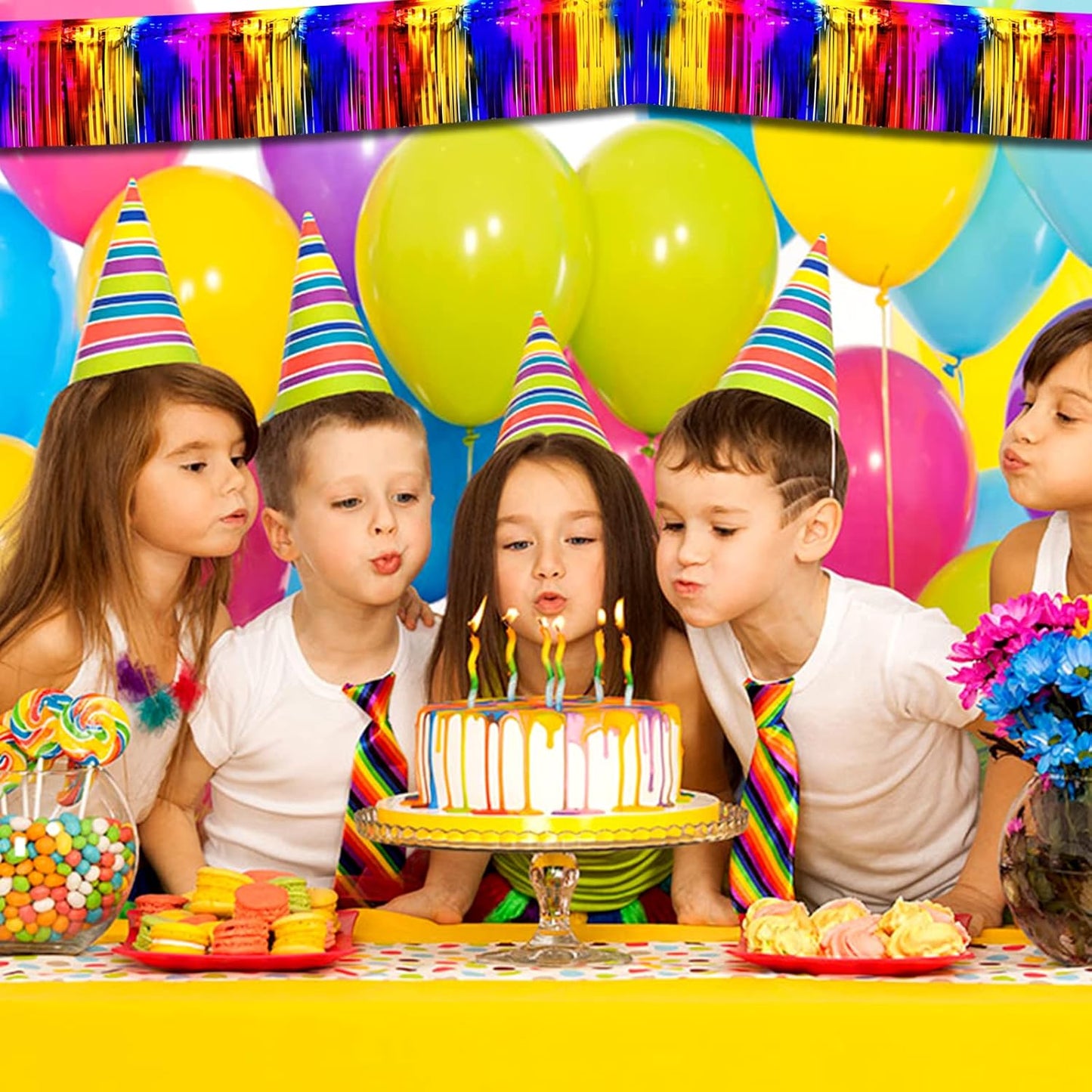 6 Pack 10 Feet Foil Fringe Garland Metallic Tinsel Streamers Banner Wall Hanging Curtain Backdrop Banner for Parade Floats, Thanksgiving, Christmas, Birthday, Halloween Party Decorations(Rainbow)