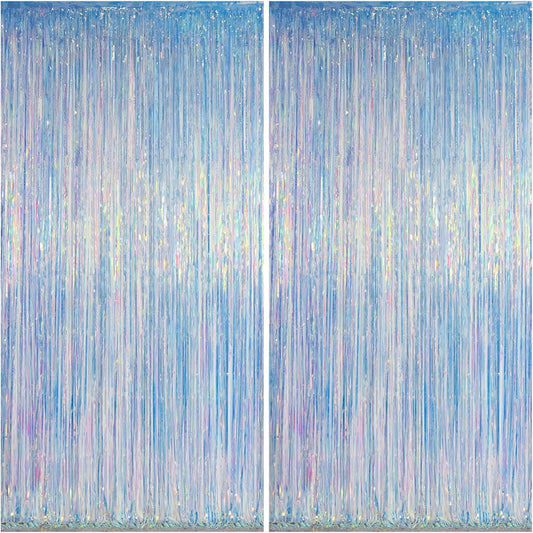 Melsan Iridescent Foil Fringe Backdrops Party Decorations - 2 Pack 3.2 x 6.5 ft Metallic Tinsel Photo Backdrop Curtains for Mermaid Unicorn Birthdays Parties - Iridescent 2 Packs